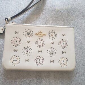 Coach White Leather Wristlet with Cut Out Tea Rose